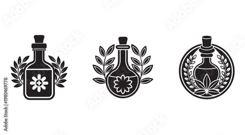 Set of black and white icons of bottles with flowers and leaves for herbal medicine or natural remedy branding  three different designs
