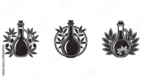 Set of black and white illustrations of bottles with leaves and olives  oil bottles with herbal ingredients  cooking and food preparation