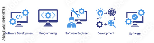 DevOps development icon set including programming,software engineering and application development for modern coding workflow