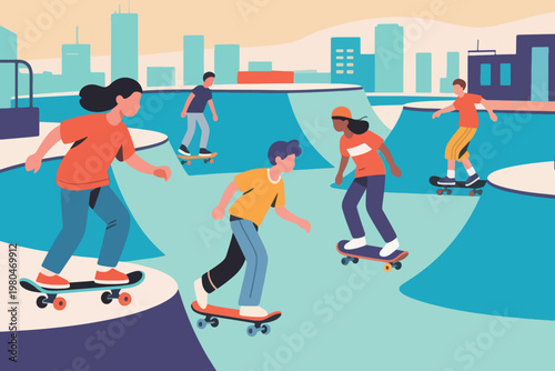 Illustration Of A Busy Skateboard Arena With Young People Playing Skateboards Vector Design Template