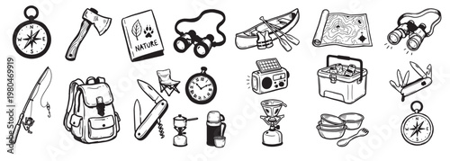 Camping and Hiking Adventure Vector Icon Set, Hand-Drawn Doodle Style Outdoor Equipment, Vintage Nature Exploration Elements, Isolated Survival Gear Illustrations for Tourism and Recreation