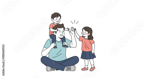 Happy father sitting on the floor with his son on his shoulders while high fiving his young daughter in a loving family scene.