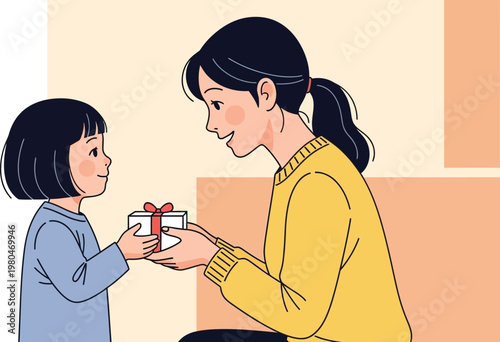 Loving mother giving a special wrapped present to her young daughter who is smiling happily during their cozy home moment