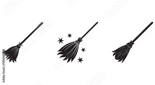 Set of broomsticks with stars flying magic wands for fantasy or halloween theme isolated on white background