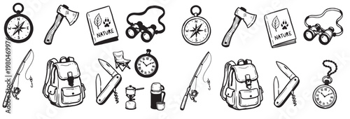 Camping and Hiking Adventure Vector Icon Set, Hand-Drawn Doodle Style Outdoor Equipment, Vintage Nature Exploration Elements, Isolated Survival Gear Illustrations for Tourism and Recreation