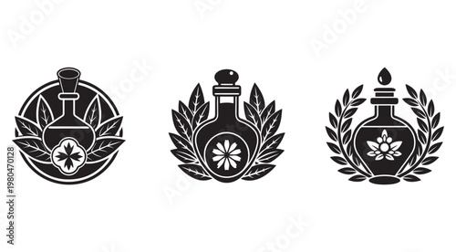 Set of three black and white icons featuring bottles with flowers and leaves  herbalism and natural remedies symbols