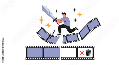 Creative illustration of a man cutting a film strip with a giant sword representing the concept of video editing and post production.