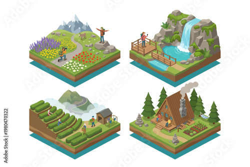 Isometric views of diverse outdoor adventures and picturesque natural landscapes, perfect for travel and nature concepts