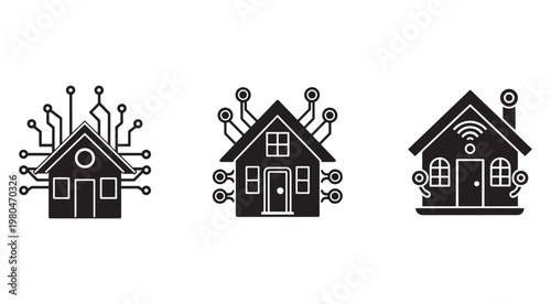 Smart home technology icons with circuit board and wireless internet symbols on house silhouettes for modern automation and connectivity concepts  innovative digital design