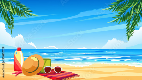 Beach essentials arranged on red towel under palm trees sunny day with ocean view summer vacation concept with sun hat sunglasses sunscreen and drink