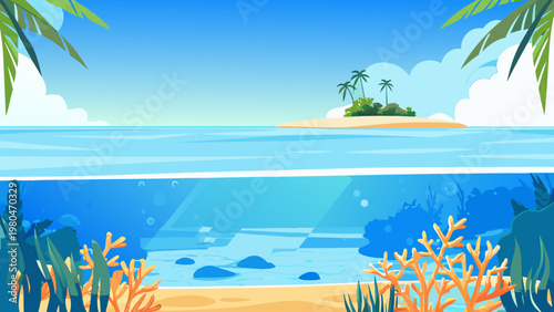 Tropical lagoon with island coral reef and palm trees sunny beach scene with clear blue water and sandy shore