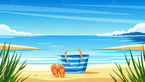 Vibrant beach scene with blue striped tote bag and orange flip flops on sandy shore by calm ocean water with lush greenery
