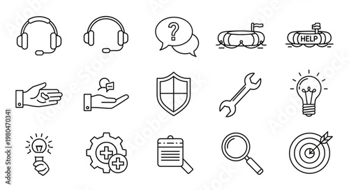 Collection of various line art icons representing support, help, and assistance concepts.