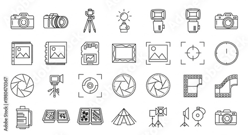 Collection of various photography equipment and related icons, perfect for visual projects.