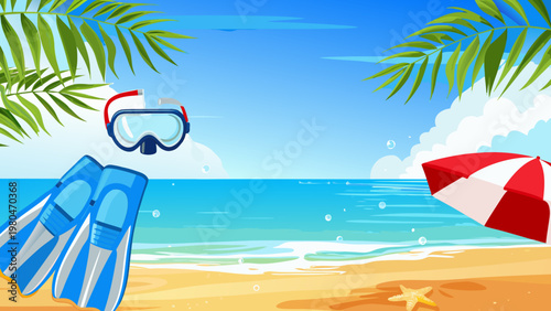 Snorkeling gear on a tropical beach with palm trees and umbrella summer vacation concept