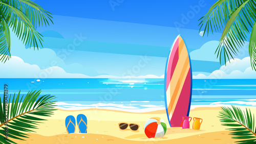 Vibrant tropical beach scene with surfboard flip flops sunglasses and palm trees on sandy shore by ocean