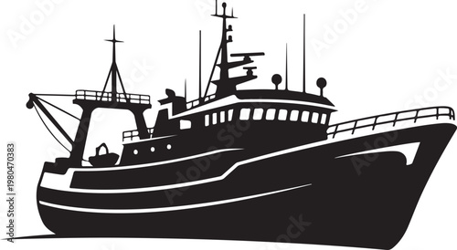 Fishing boat, tugboat, silhouette, vector, black, nautical, transportation, maritime