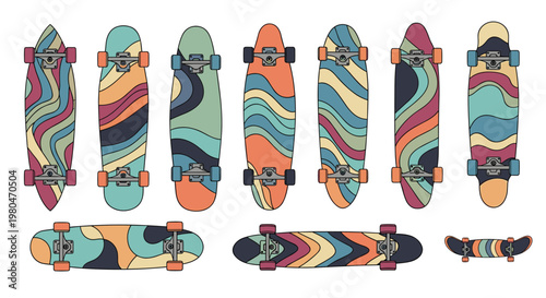 Collection of skateboards and longboards decorated with colorful wavy patterns and retro styles for sports and lifestyle themes.