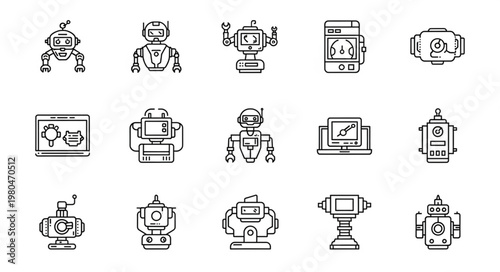 Collection of various robot illustrations, showcasing different designs and styles in a line art format.