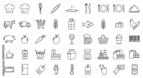 Collection of various food and kitchen related icons in black and white style.