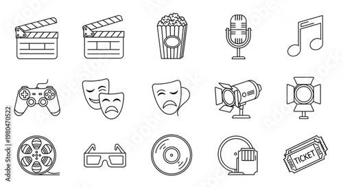 Collection of various entertainment and cinema related icons in black and white.