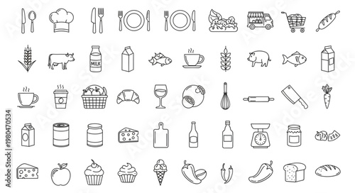 Collection of various food and kitchen related icons in black and white style.