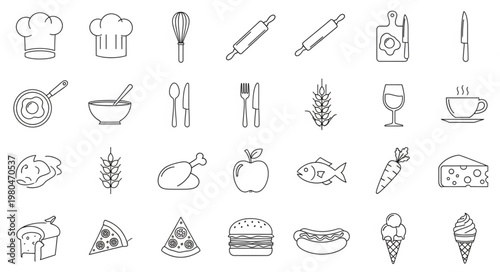 Collection of various food and kitchen utensils illustrations in black and white.