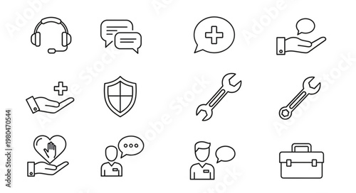 Collection of various line art icons representing customer service and support.