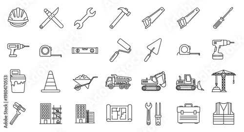 Collection of various construction tools and equipment in a line art style.