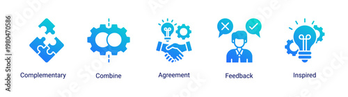 DevOps collaboration icon set including teamwork,feedback and communication for strong development culture