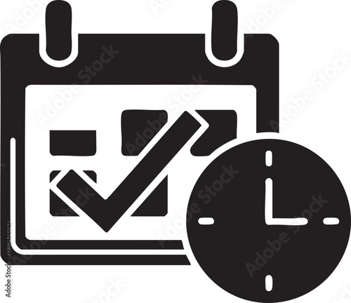 Black calendar, checklist, and clock icon, vector time management symbol, schedule and deadline reminder, productivity and organization