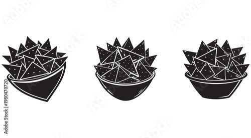 Three black and white illustrations of a bowl of tortilla chips on white background  snack food graphics