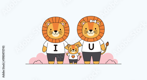 Adorable lion family with a mother father and cub wearing t shirts with letters and a heart for a love and family message.