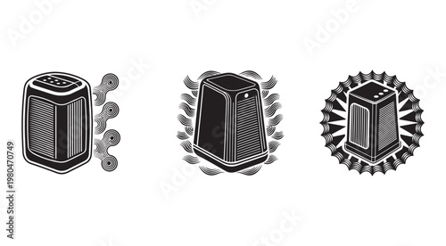 Three black and white illustrations of air conditioning units with different design elements and heat wave patterns around them