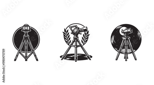 Three black and white illustrations of cameras on tripods with circular backgrounds and various designs  photography equipment  vintage style