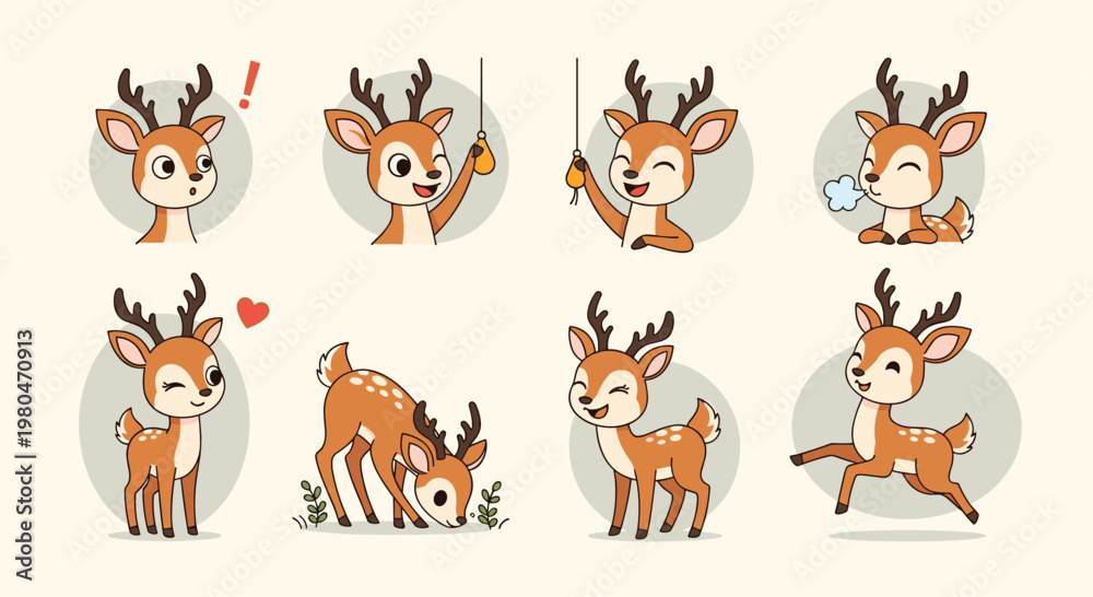 Obraz premium Set of cute cartoon deer characters in various poses and expressions including eating jumping and showing love for kids.