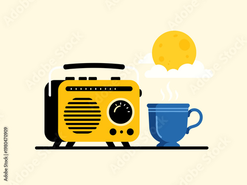 Retro Portable Radio Station and Steaming Blue Coffee Mug with Moon Background, Night Time Relaxation Concept, Classic Audio Player Vector Illustration