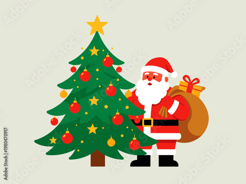 Traditional Santa Claus Standing Near Decorated Christmas Tree with Gift Bag, Merry Christmas and Happy New Year Celebration, Winter Holiday Vector Art