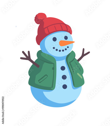 Cute Snowman Wearing Green Jacket and Red Winter Hat Isolated on White, Merry Christmas Character, Seasonal Winter Holiday Mascot Vector Illustration