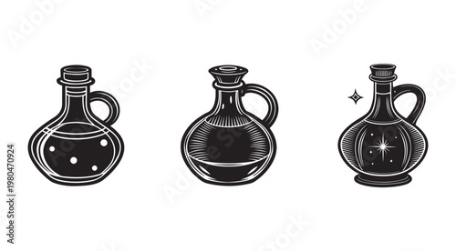 Three black and white illustrations of potion bottles with different designs and contents on white background