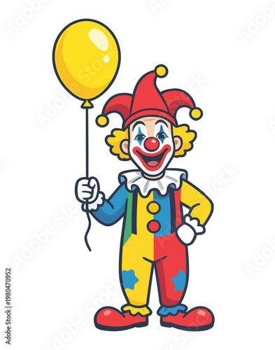 Happy Clown Character in Jester Costume Holding a Yellow Balloon, Circus Performer for Kids Party, Colorful Carnival Mascot Vector Art on White Backdrop