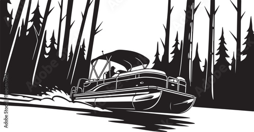 Black and white pontoon boat, vector boat illustration, lake scene, monochrome forest background