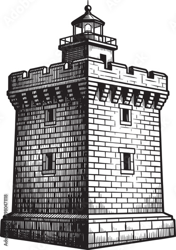 medieval stone lighthouse tower with battlements