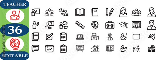 Collection of line icons related to education and teaching on white background