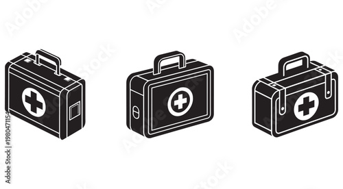 Three black and white medical first aid kit boxes with cross on white background  medical kit icons