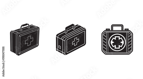Three black and white medical first aid kit icons with cross symbol on the cover  isolated on white background
