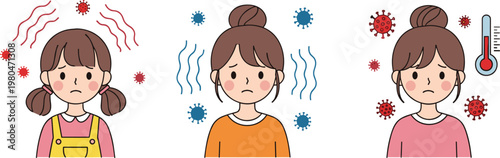 Cute Sick Girl Character Set Showing Fever Cold Flu Symptoms with Thermometer Virus Icons and Different Facial Expressions in Flat Cartoon Style