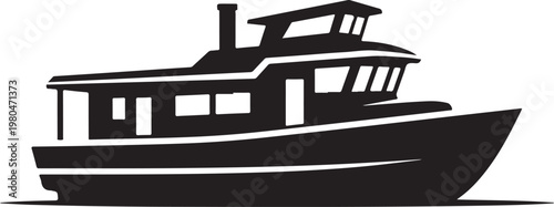 Black boat silhouette, vector yacht icon, nautical graphic, watercraft illustration