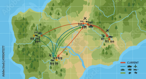 Military Battle Strategy Map Vector with Troop Icons and Attack Paths on Topographic Terrain