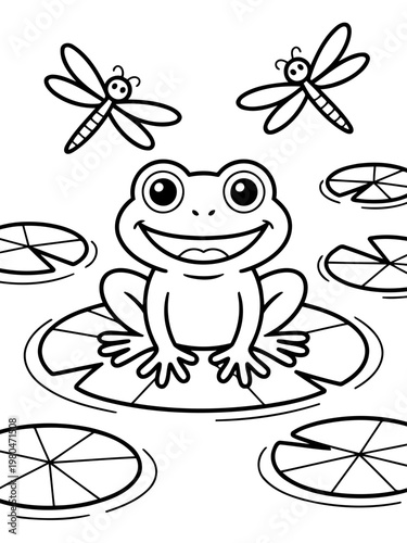 Joyful Frog and Dragonflies: A smiling frog sits contentedly atop a lily pad, with dragonflies flitting playfully above, creating a scene of simple, innocent joy. 